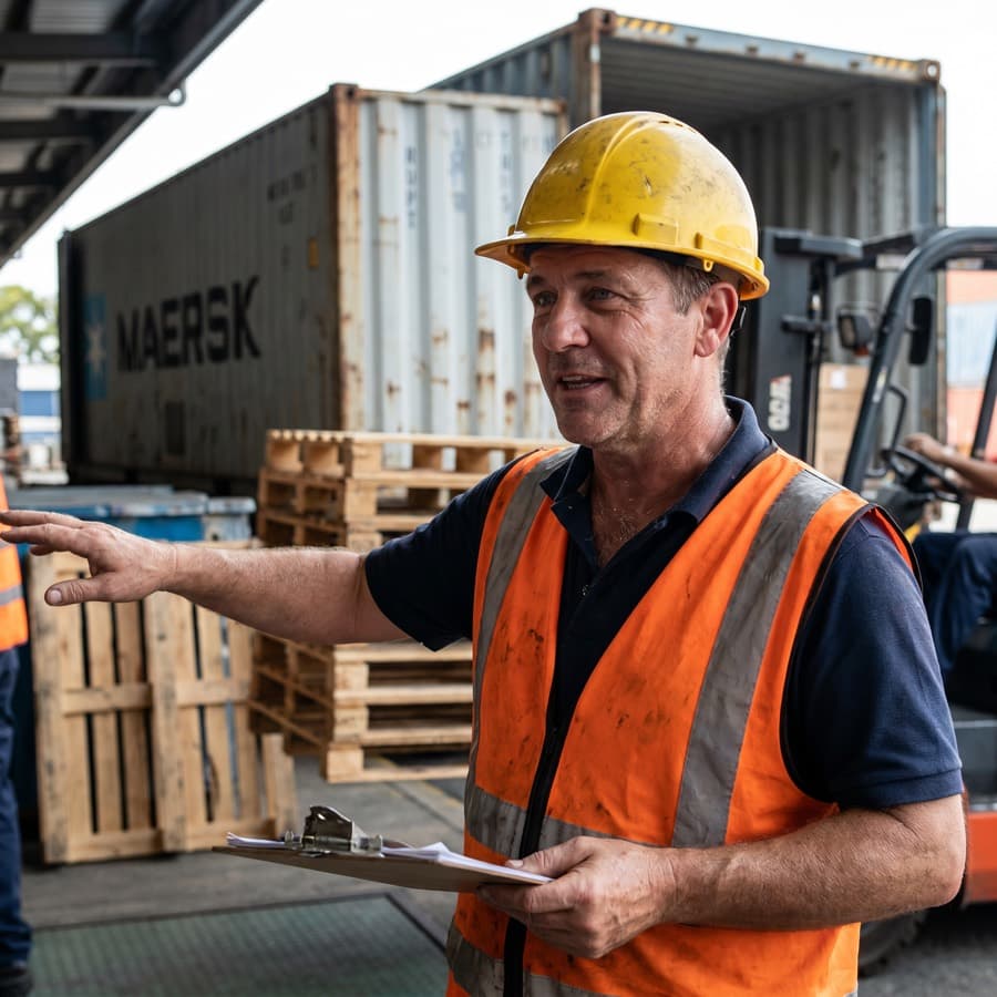 A loading dock — the seal, the trailer, the arrival log Shipping & Receiving keeps.