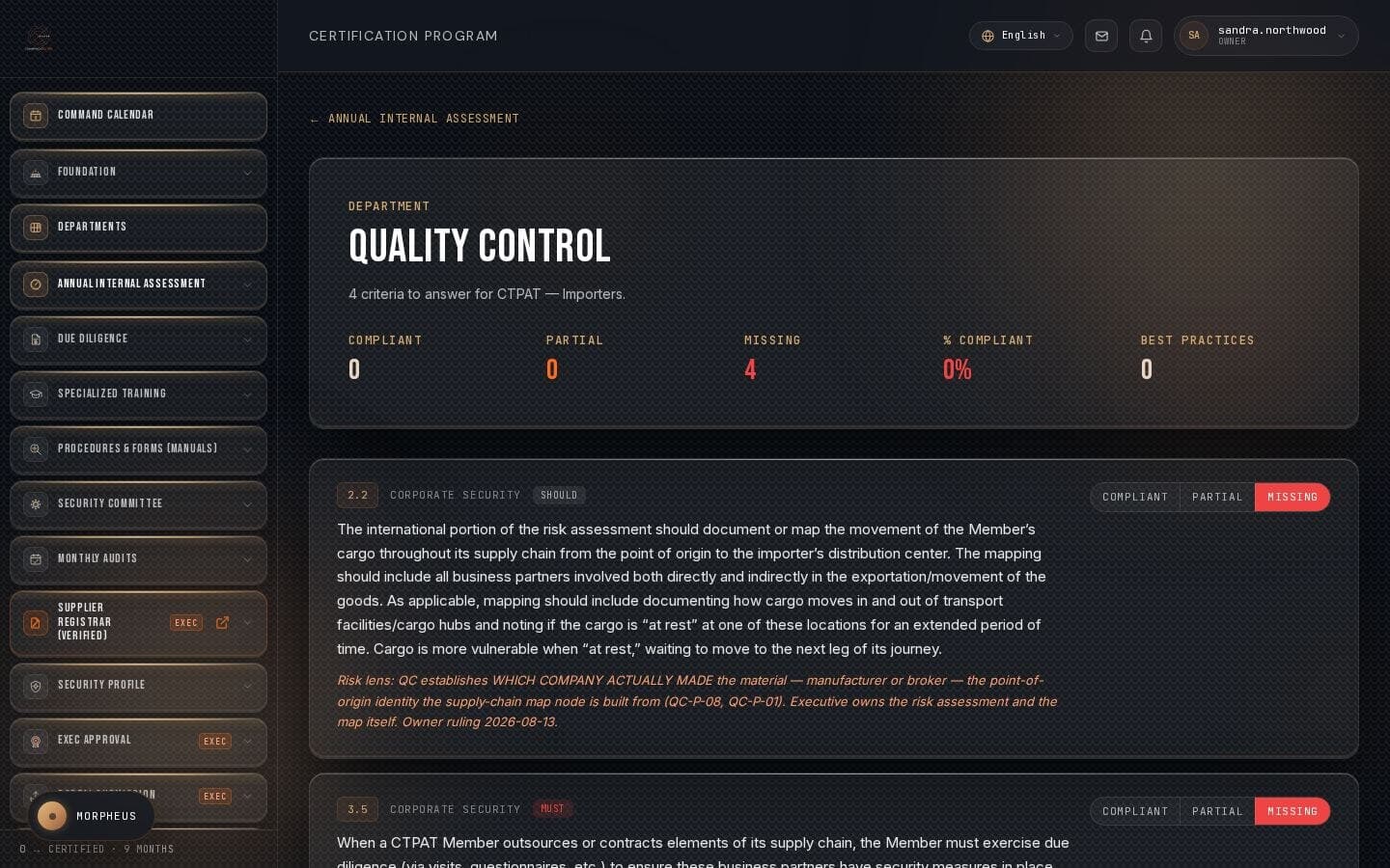 The Quality Control department assessment instrument inside CommandCenter, for Northwind Foods Inc.