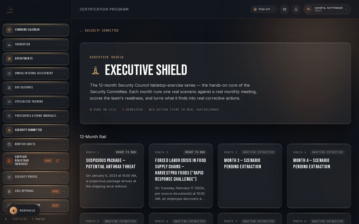 The real Executive Shield tabletop-exercise screen inside CommandCenter for the Northwind Foods demo tenant.