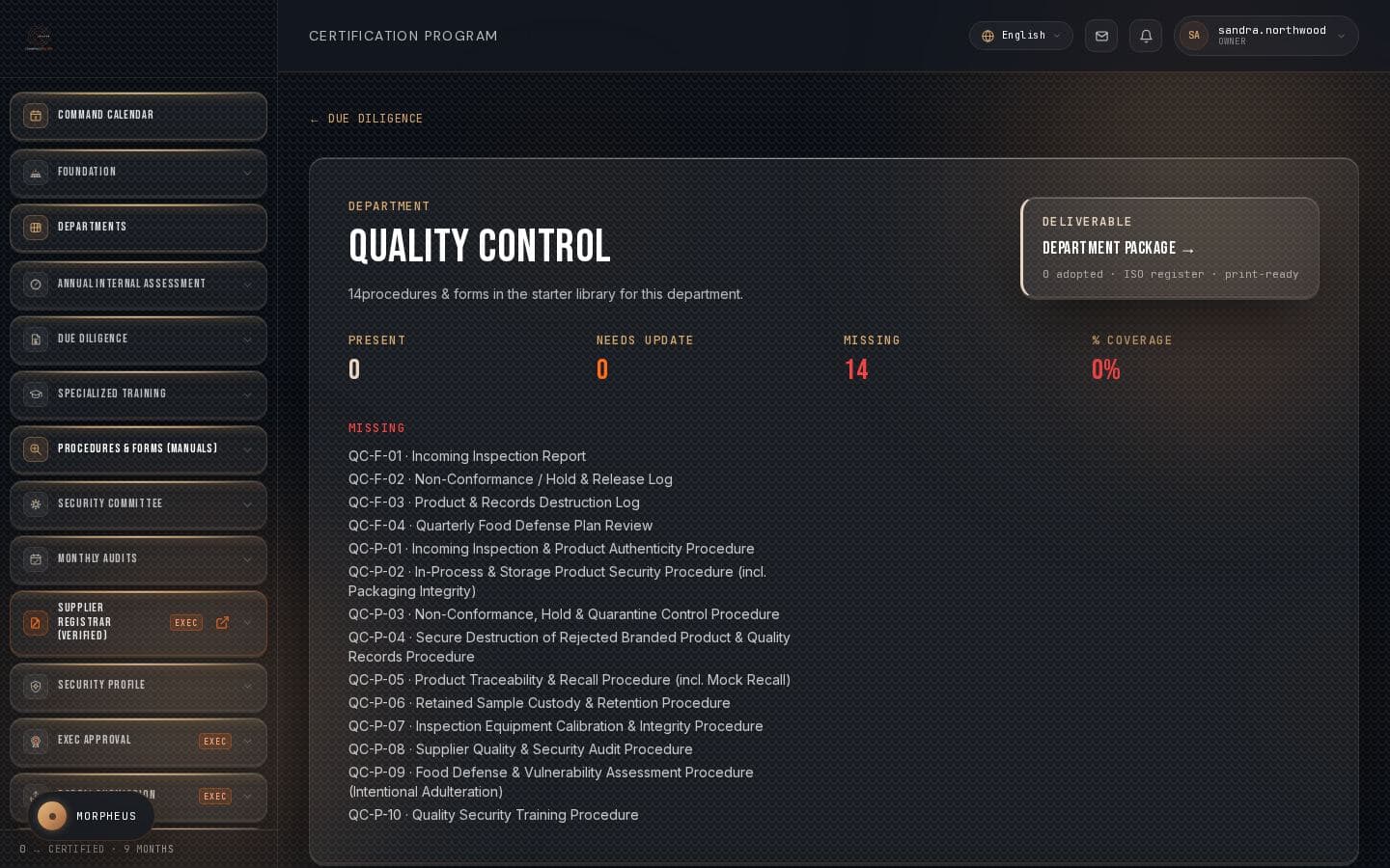 The real Quality Control procedures & forms checklist inside CommandCenter, for Northwind Foods Inc.