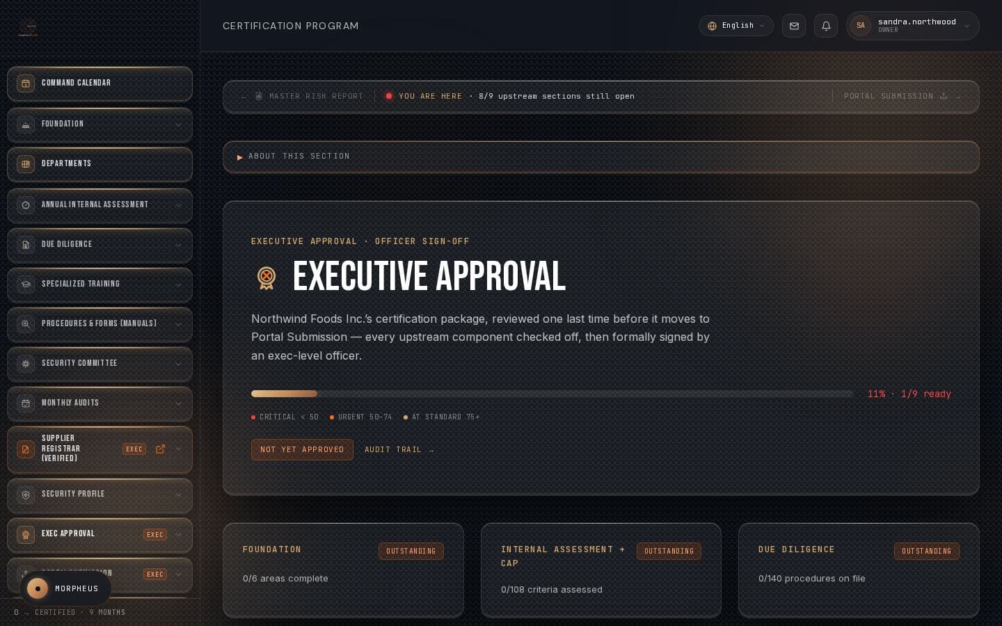 The real exec-approval sign-off gate inside CommandCenter, for Northwind Foods Inc.