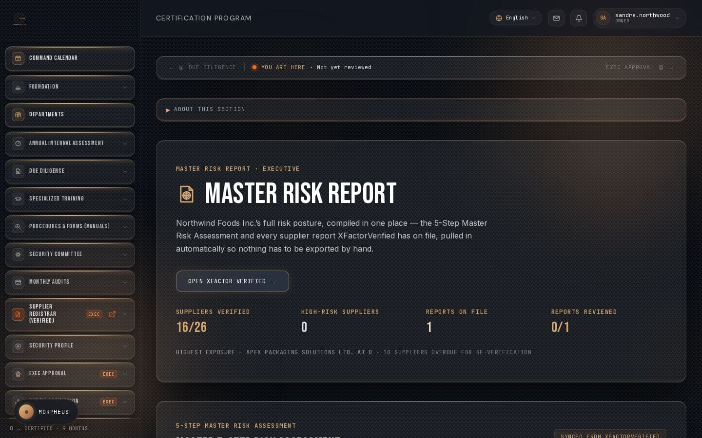 The real Master Risk Report screen inside CommandCenter for the Northwind Foods demo tenant — 16 of 26 suppliers verified.