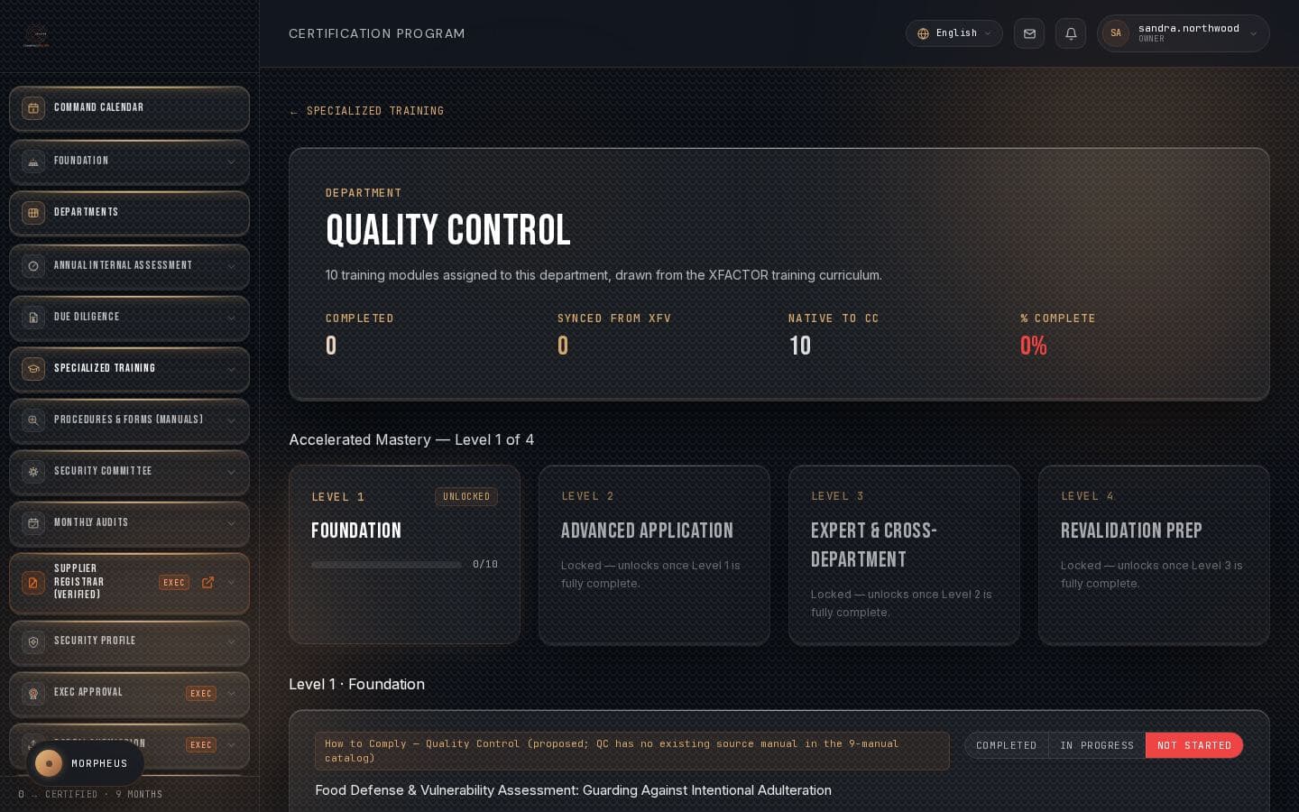 The real Quality Control training curriculum inside CommandCenter, for Northwind Foods Inc.