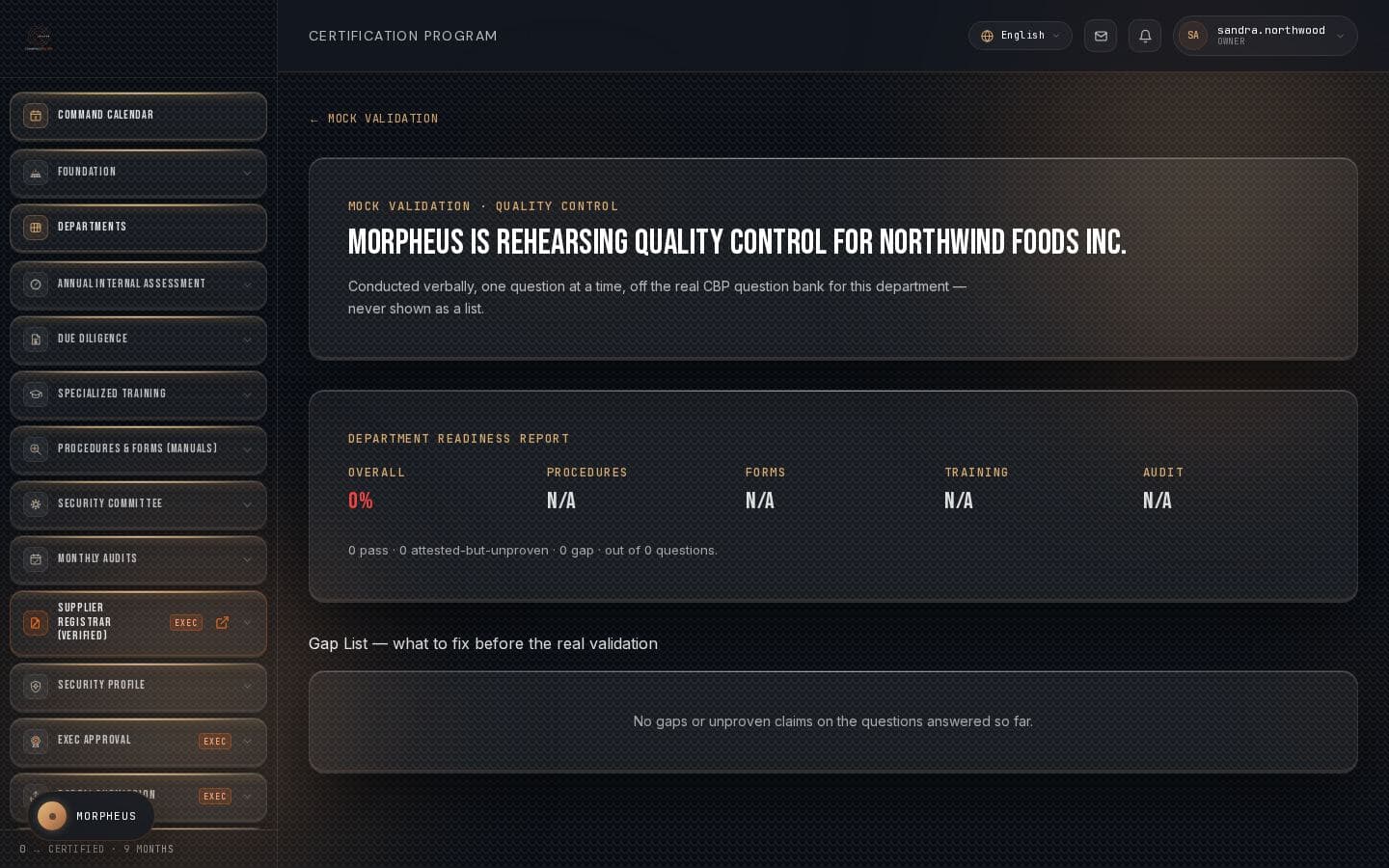 A real CTPAT mock-validation question inside CommandCenter, from the US Customs Minimum Security Criteria bank, for the Northwind Foods demo tenant.